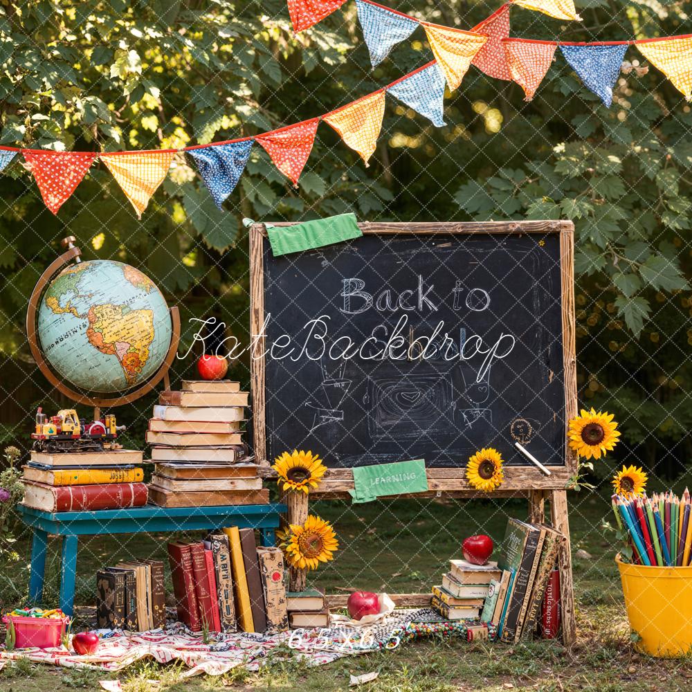 Kate Back To School Blackboard Globe Books Backdrop Designed by Emetselch