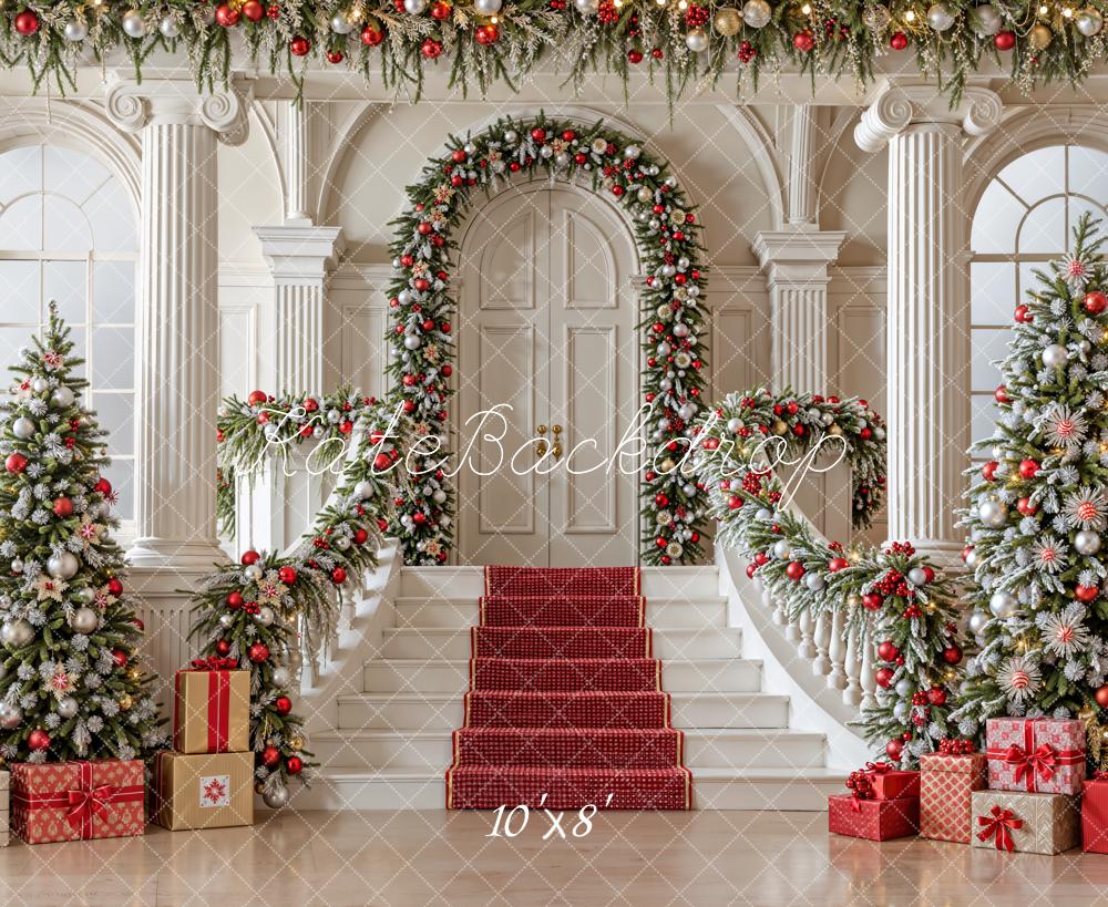 Kate Christmas Staircase Trees Presents Fleece Backdrop Designed by Emetselch -UK
