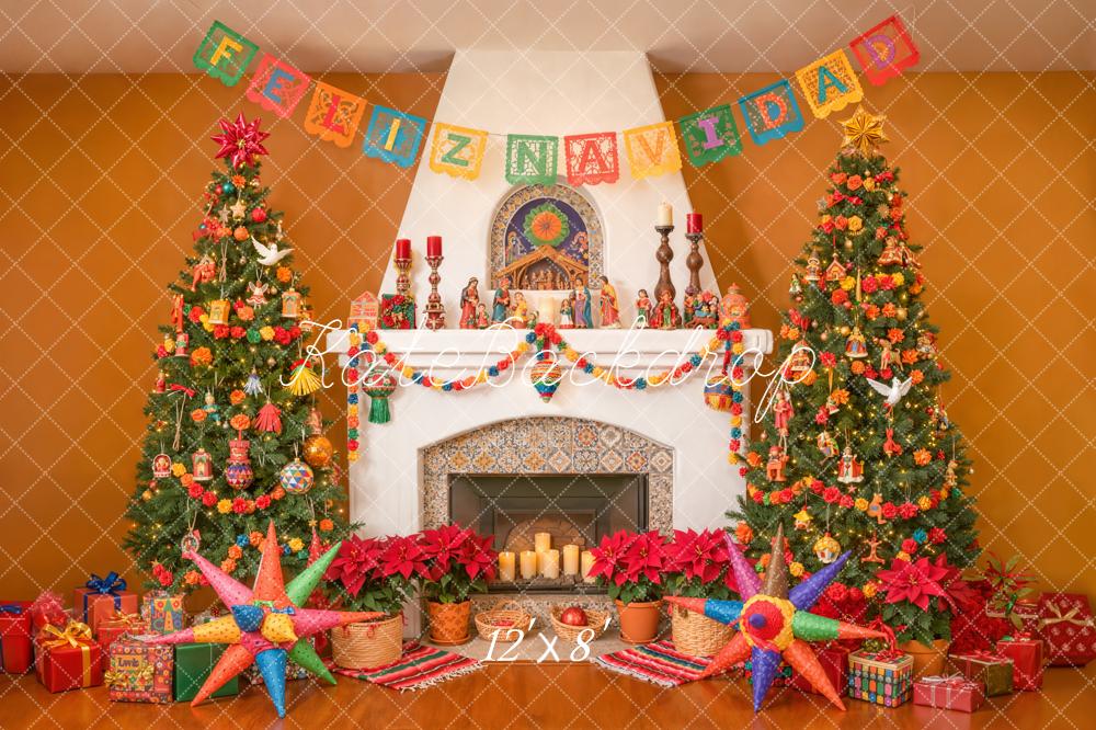 Kate Christmas Fireplace Festive Trees Piñatas Backdrop Designed by Emetselch -UK