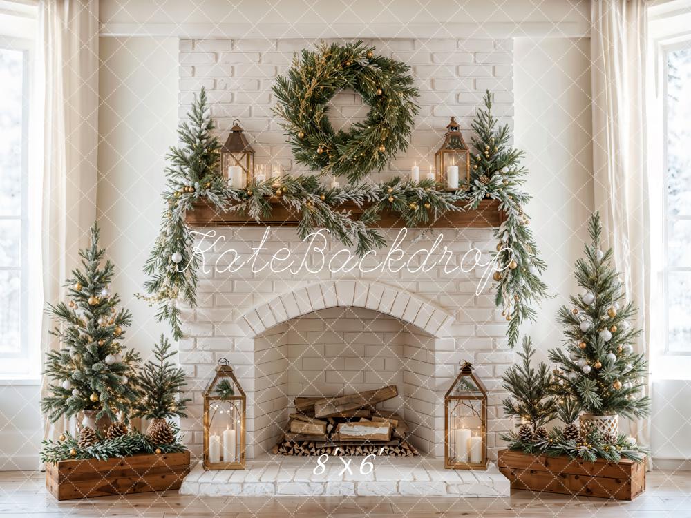Kate Christmas Fireplace Wreath Lanterns Fleece Backdrop Designed by Emetselch -UK