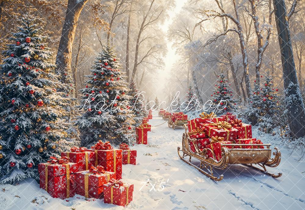 Kate Christmas Snow Forest Gift Sleigh Backdrop Designed by Emetselch