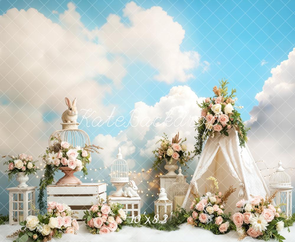 Kate Easter Bunny Tent Floral Clouds Backdrop Designed by Emetselch