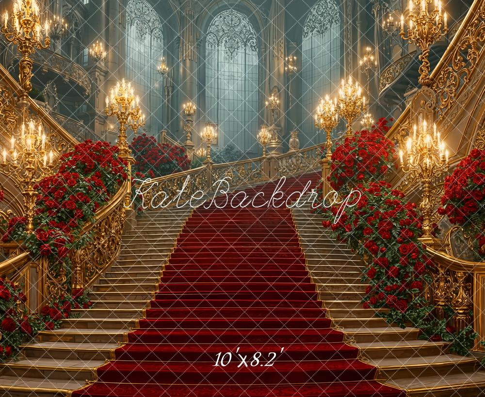 Kate Cascading Stairs Red Roses Grand Chandelier Fleece Backdrop Designed by Emetselch -UK