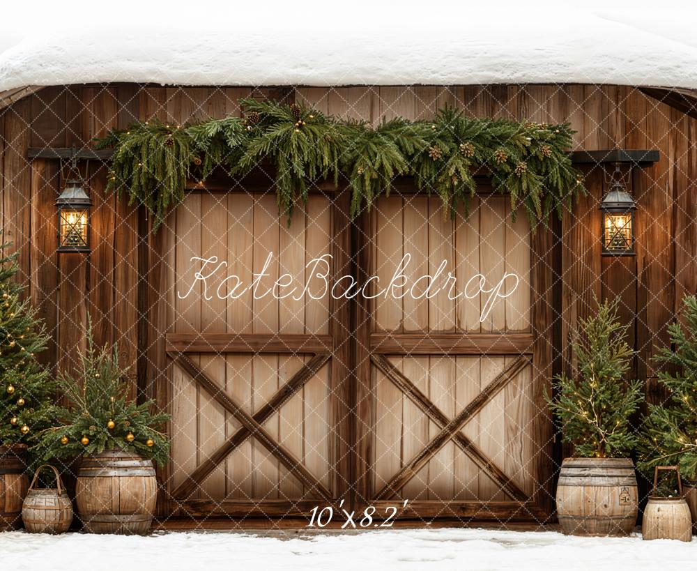 Kate Winter Barn Door Pine Trees Lanterns Fleece Backdrop Designed by Emetselch -UK