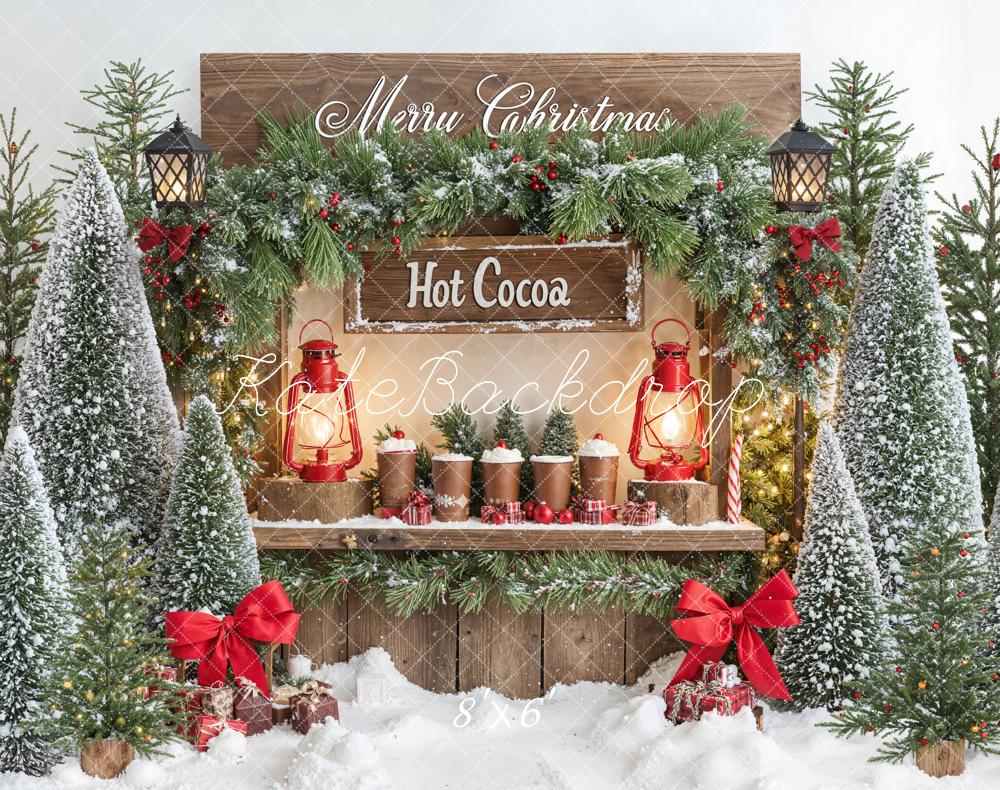 Kate Christmas Hot Cocoa Stand Snowy Trees Fleece Backdrop Designed by Emetselch -UK