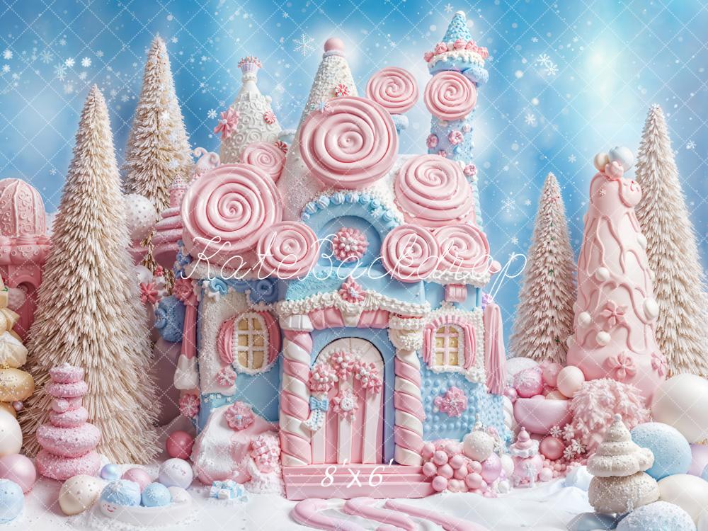 Kate Christmas Candy House Snowy Trees Fleece Backdrop Designed by Emetselch