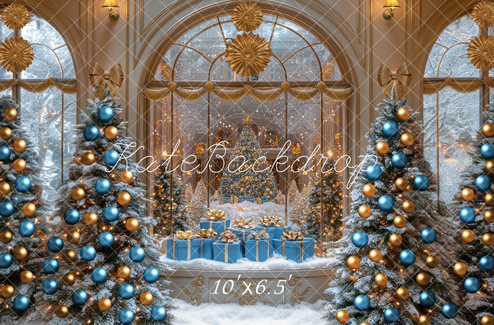 Kate Christmas Snowy Trees Presents Gold Backdrop Designed by Mini MakeBelieve -UK