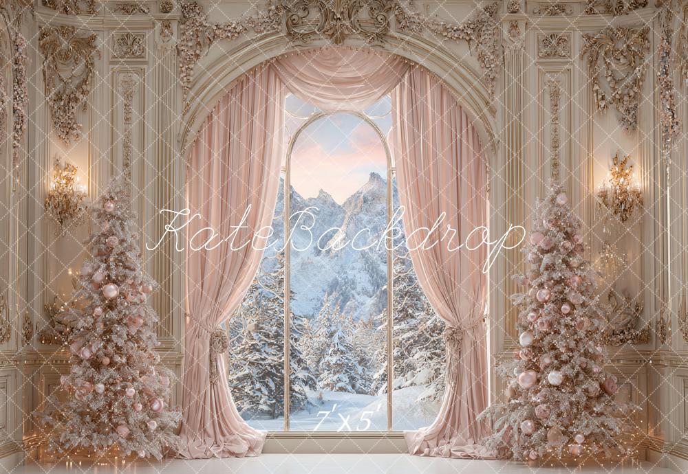 Kate Christmas Pink Trees Ornate Curtains Backdrop Designed by Ashley Paul