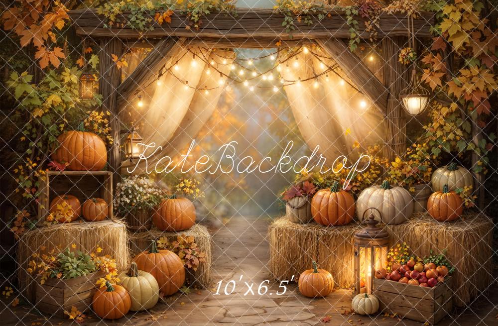 Kate Fall Pumpkins Hay Bales Lantern Fleece Backdrop Designed by GQ -UK
