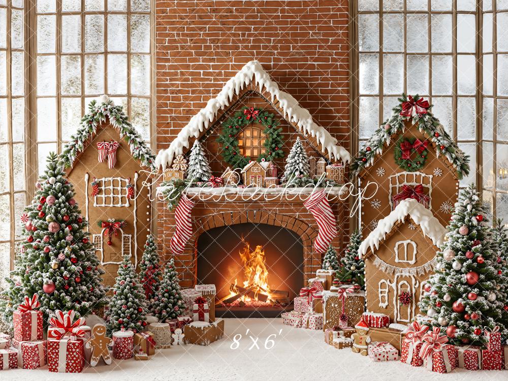 Kate Christmas Gingerbread Fireplace Tree Gifts Fleece Backdrop Designed by Emetselch