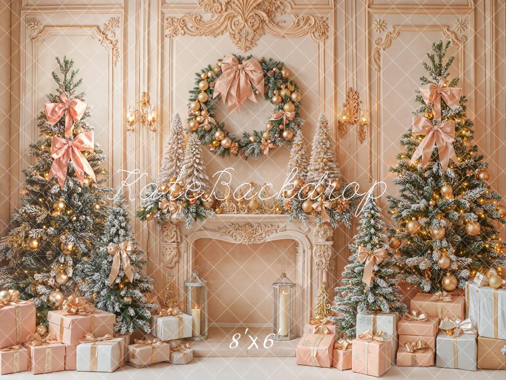Kate Christmas Pink Gold Trees Fireplace Gifts Fleece Backdrop Designed by Emetselch