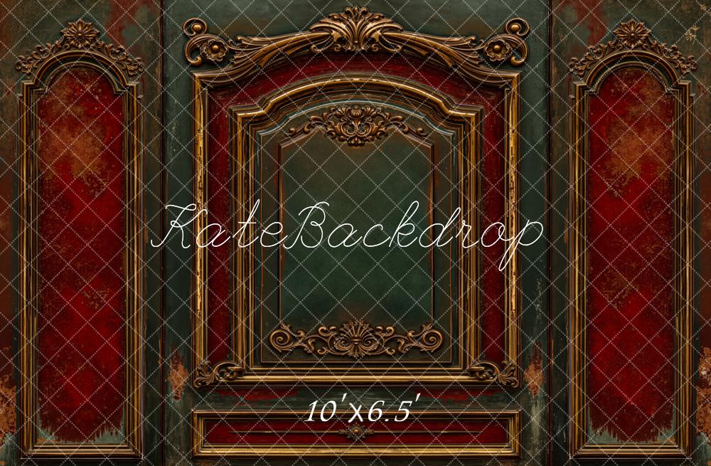 Kate Vintage Ornate Red Green Wall Fleece Backdrop Designed by Emetselch -UK