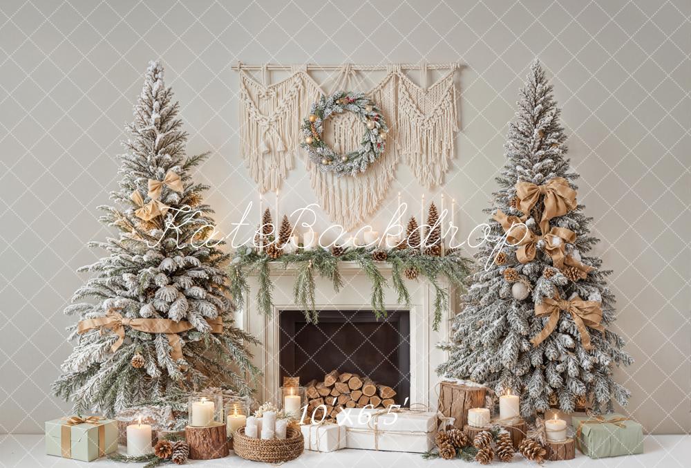 Kate Christmas Fireplace Trees Candles Fleece Backdrop Designed by Emetselch