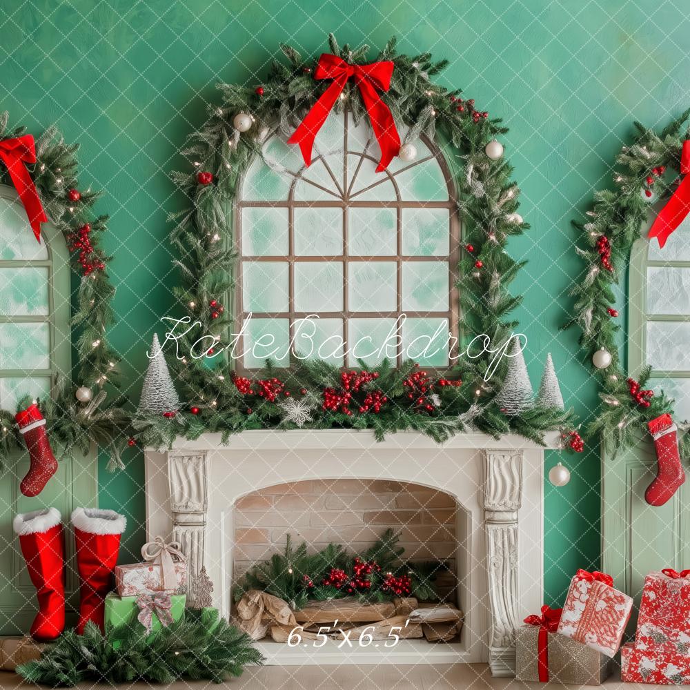 Kate Christmas Fireplace Wreaths Stockings Green Backdrop Designed by Patty Robert