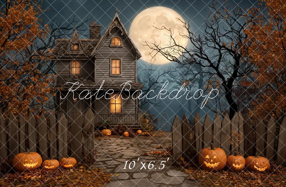 Kate Halloween Haunted House Moon Pumpkin Fleece Backdrop Designed by Emetselch -UK