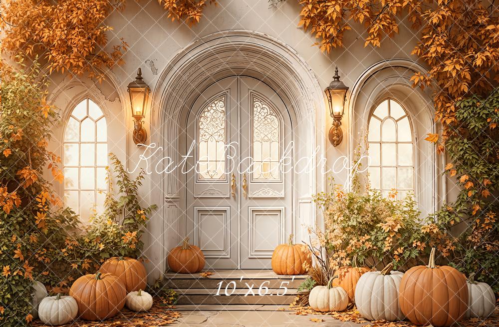 Kate Autumn Pumpkins Arched Door Lanterns Fleece Backdrop Designed by Emetselch