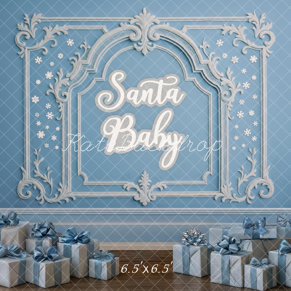 Kate Christmas Blue Ornate Frame Presents Backdrop Designed by Mini MakeBelieve