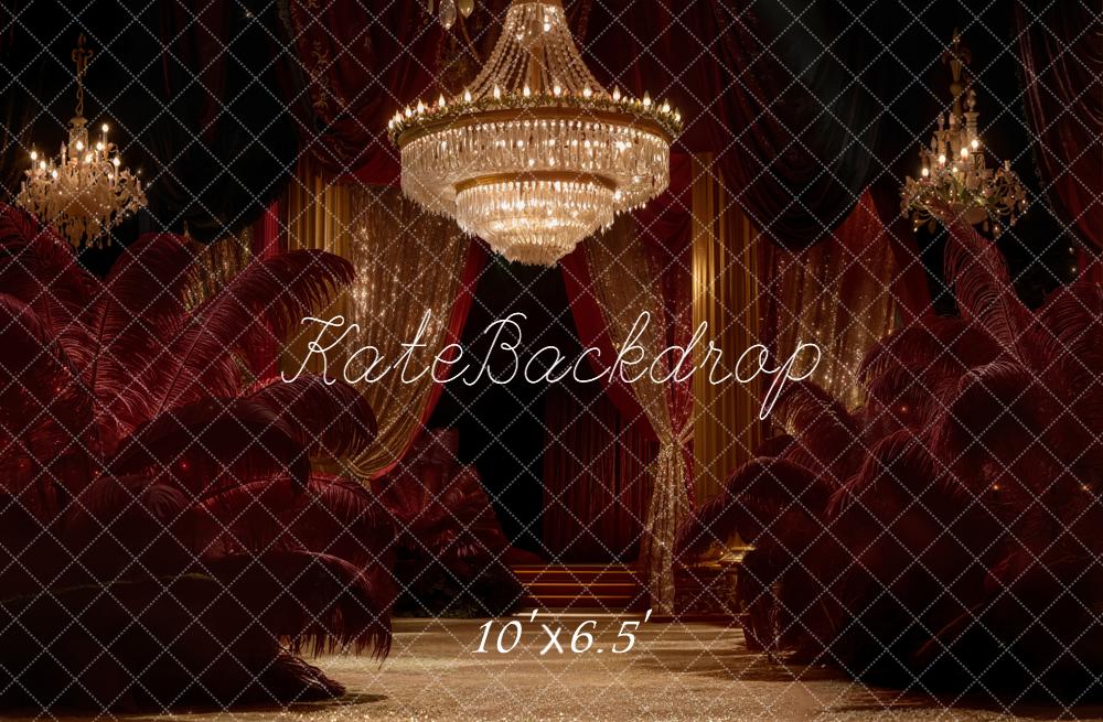 Kate Red Curtains Crystal Chandeliers Feathers Fleece Backdrop Designed by Emetselch -UK