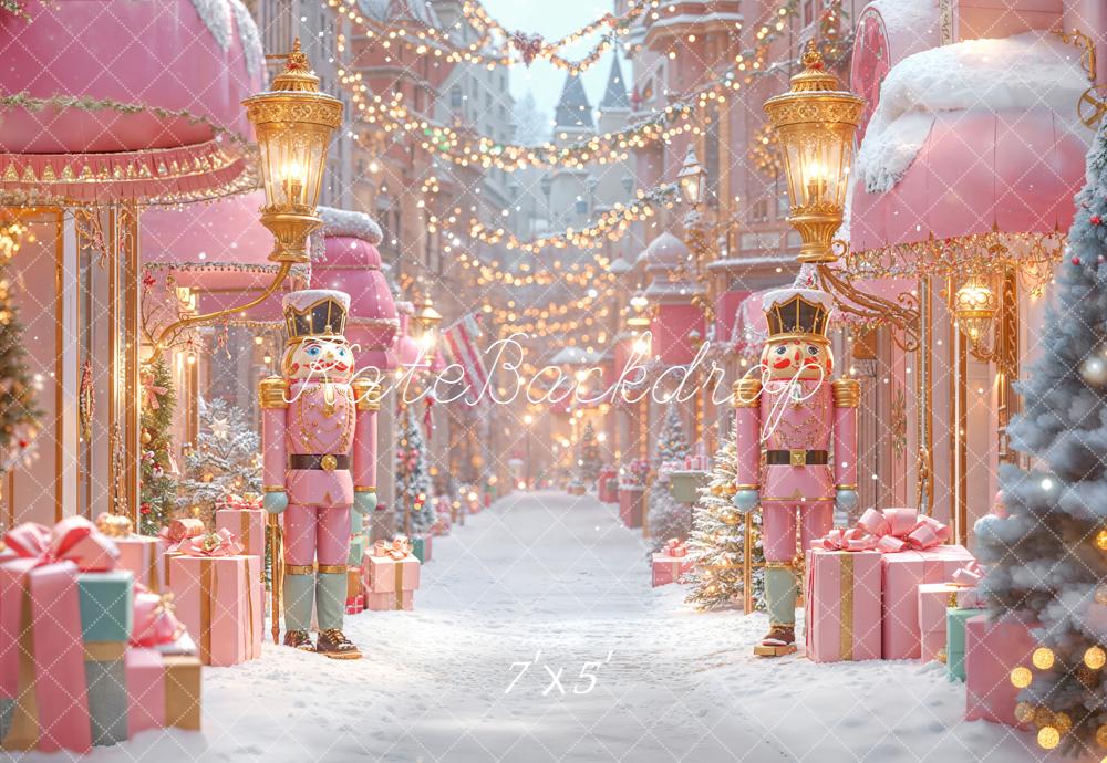 Kate Christmas Nutcracker Pink Gifts Snowy Street Backdrop Designed by Emetselch -UK