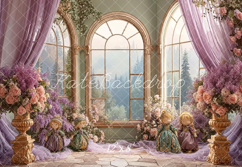Kate Floral Arch Windows Lavender Fleece Backdrop Designed by Emetselch -UK