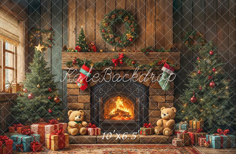 Kate Christmas Fireplace Trees Gifts Fleece Backdrop Designed by Emetselch -UK