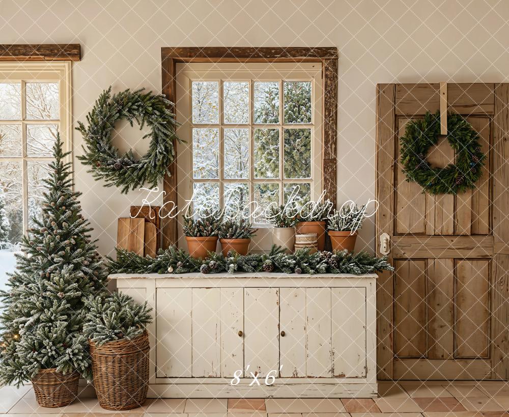 Kate Christmas Pine Tree Wreath Cabinet Fleece Backdrop Designed by Emetselch