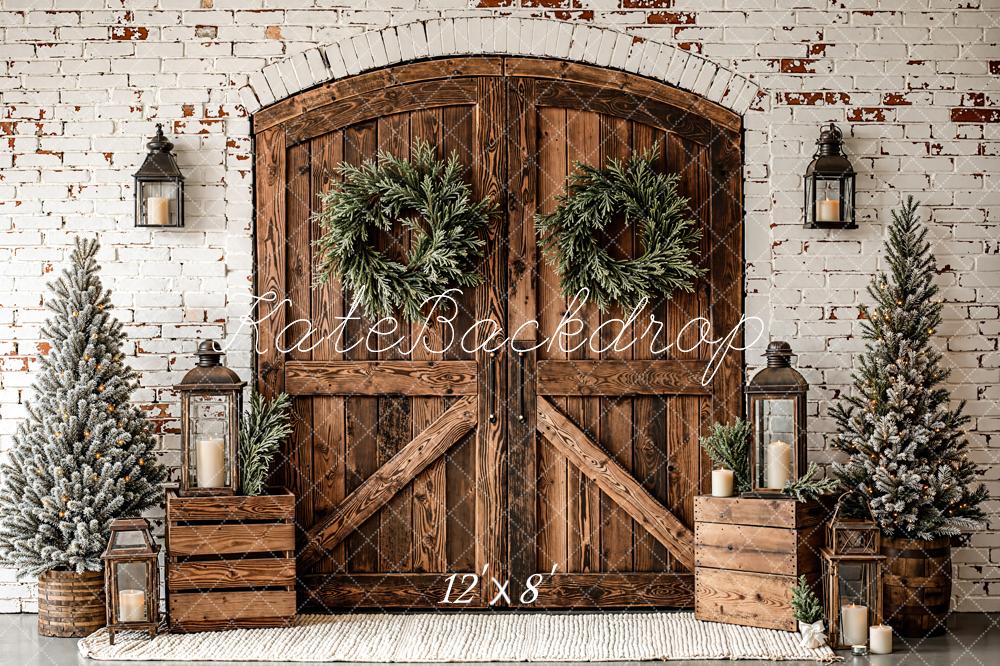 Kate Christmas Wooden Door Trees Fleece Backdrop Designed by Emetselch -UK