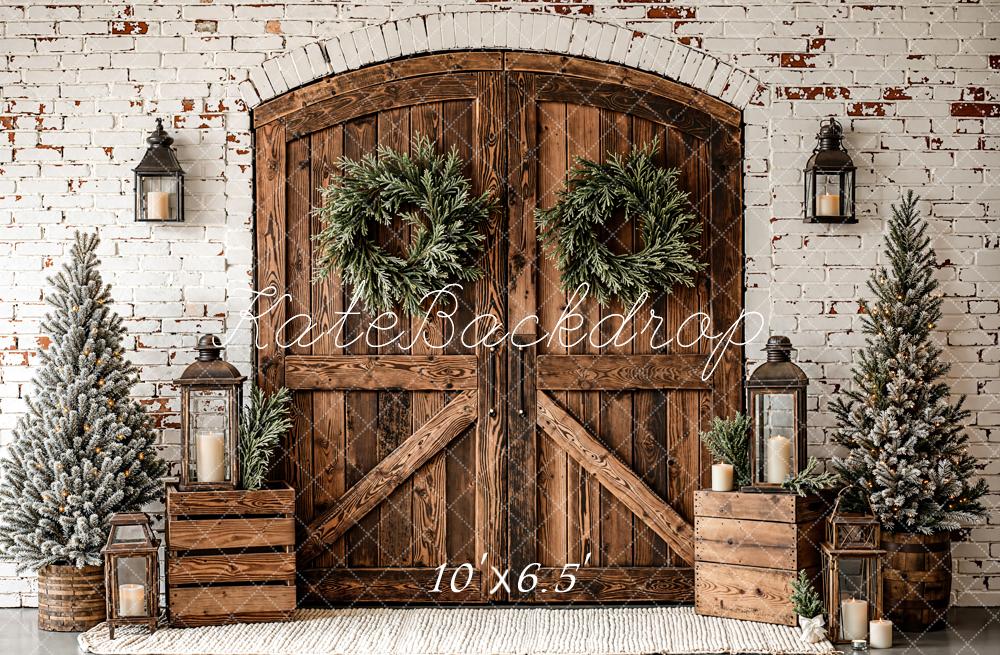 Kate Christmas Wooden Door Trees Fleece Backdrop Designed by Emetselch -UK