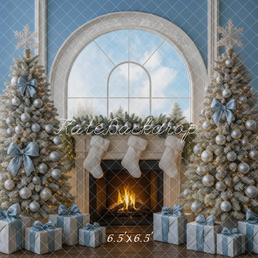 Kate Christmas Fireplace Blue Gift Boxes Trees Backdrop Designed by Mini MakeBelieve