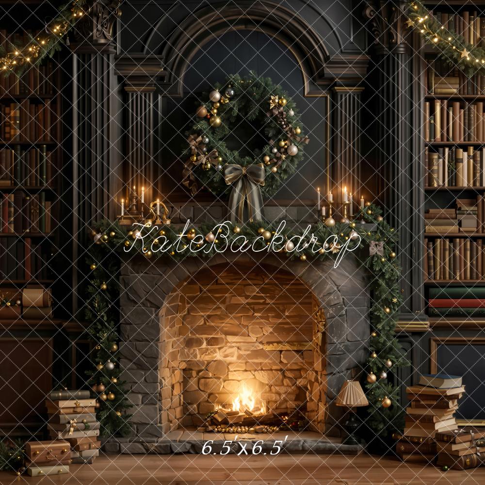 Kate Christmas Fireplace Wreath Bookshelves Backdrop Designed by Emetselch