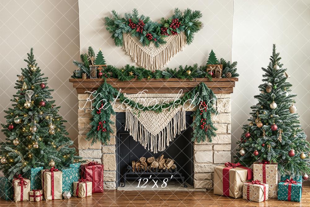 Kate Christmas Fireplace Garland Trees Presents Fleece Backdrop Designed by Emetselch -UK