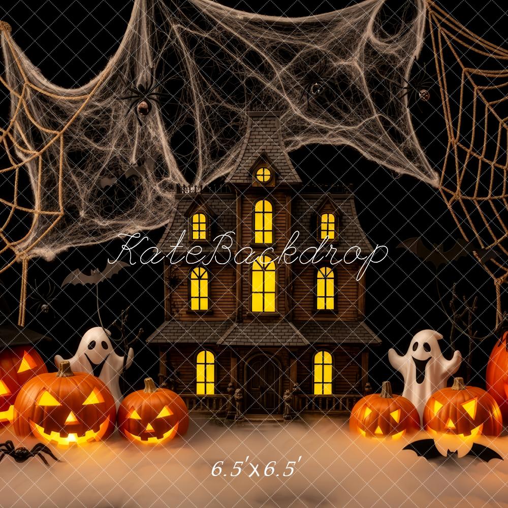 Kate Halloween Haunted House Pumpkins Spider Webs Backdrop Designed by Patty Robert