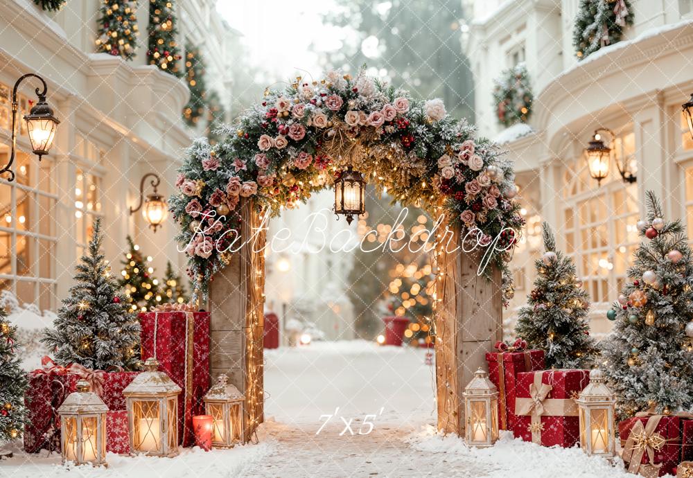 Kate Christmas Arch Door Snowy Street Backdrop Designed by Emetselch -UK