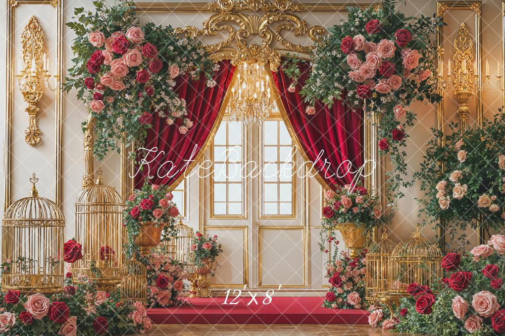Kate Wedding Floral Arch Red Curtains Fleece Backdrop Designed by Emetselch