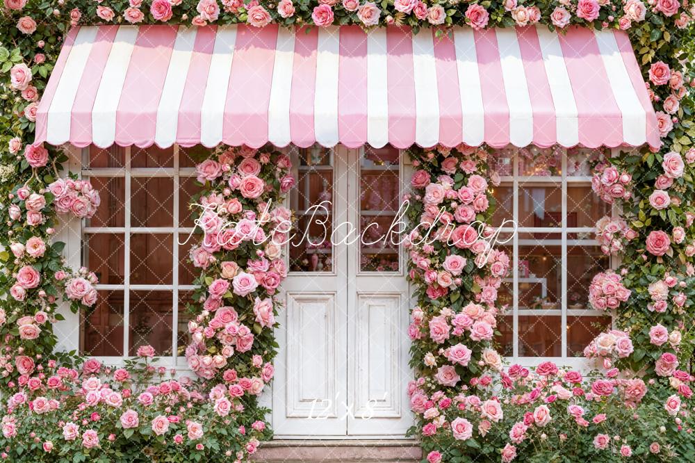 Kate Pink Rose Door Striped Awning Backdrop Designed by Emetselch