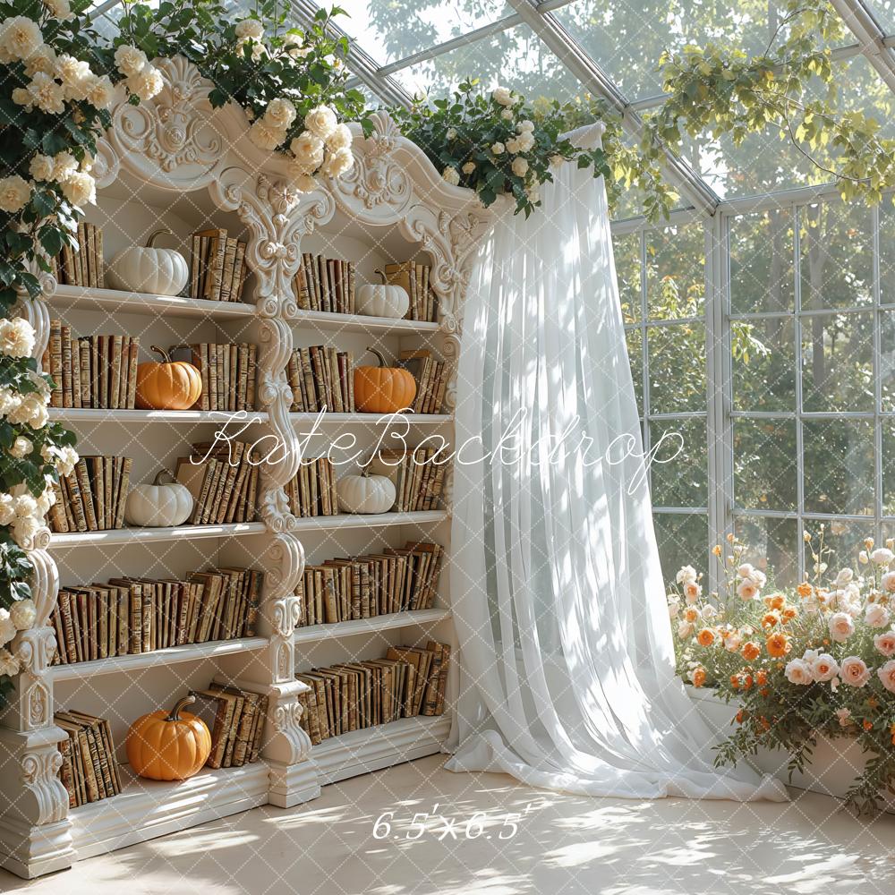 Kate Autumn Bookshelf Pumpkins Flowers Backdrop Designed by Mini MakeBelieve -UK