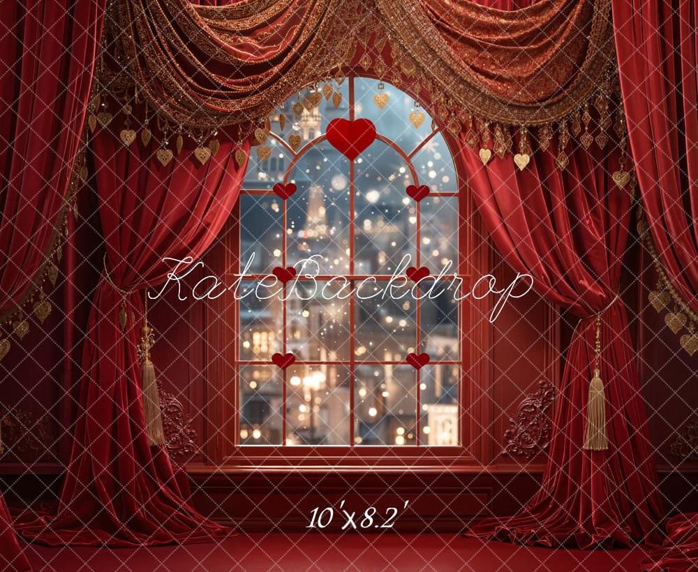 Kate Valentine Red Curtains Window City Lights Backdrop Designed by Emetselch