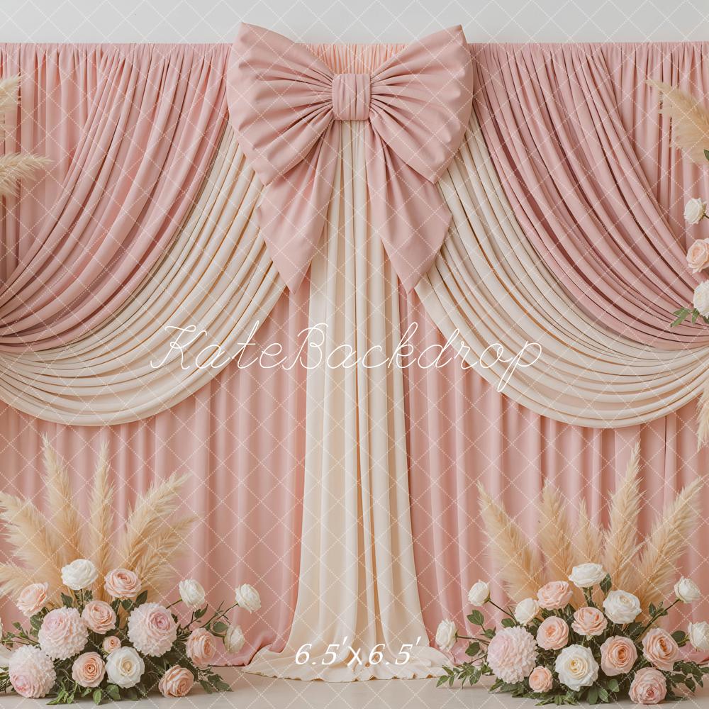 Kate Wedding Pink Drapes Bow Floral Backdrop Designed by Mini MakeBelieve -UK