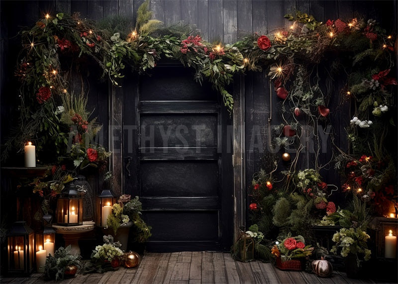 Kate Christmas Holly Black Door Backdrop Designed by Angela Marie Photography