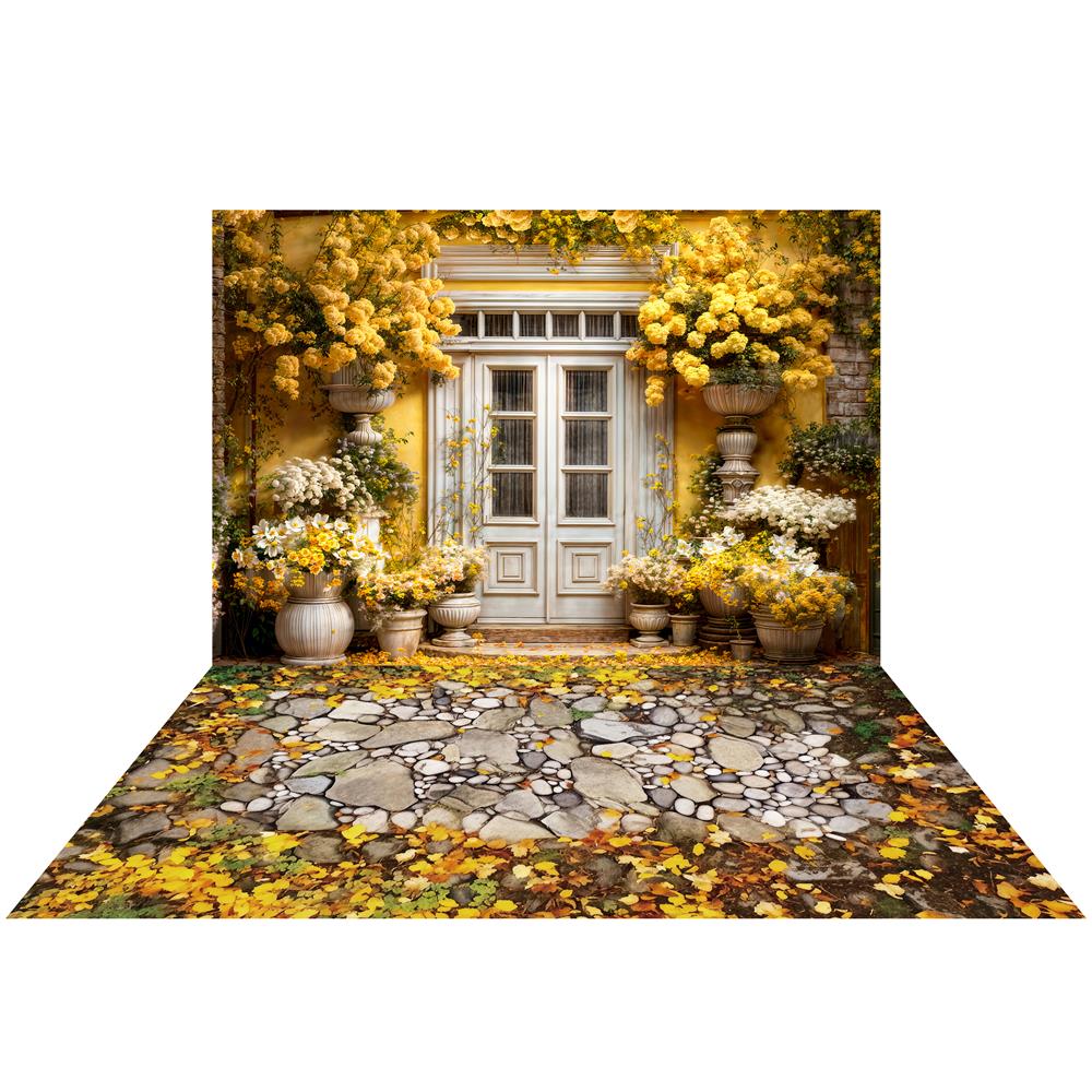 Kate Spring Yellow Flowers Wooden Door Backdrop+Stone Road Floor Backdrop