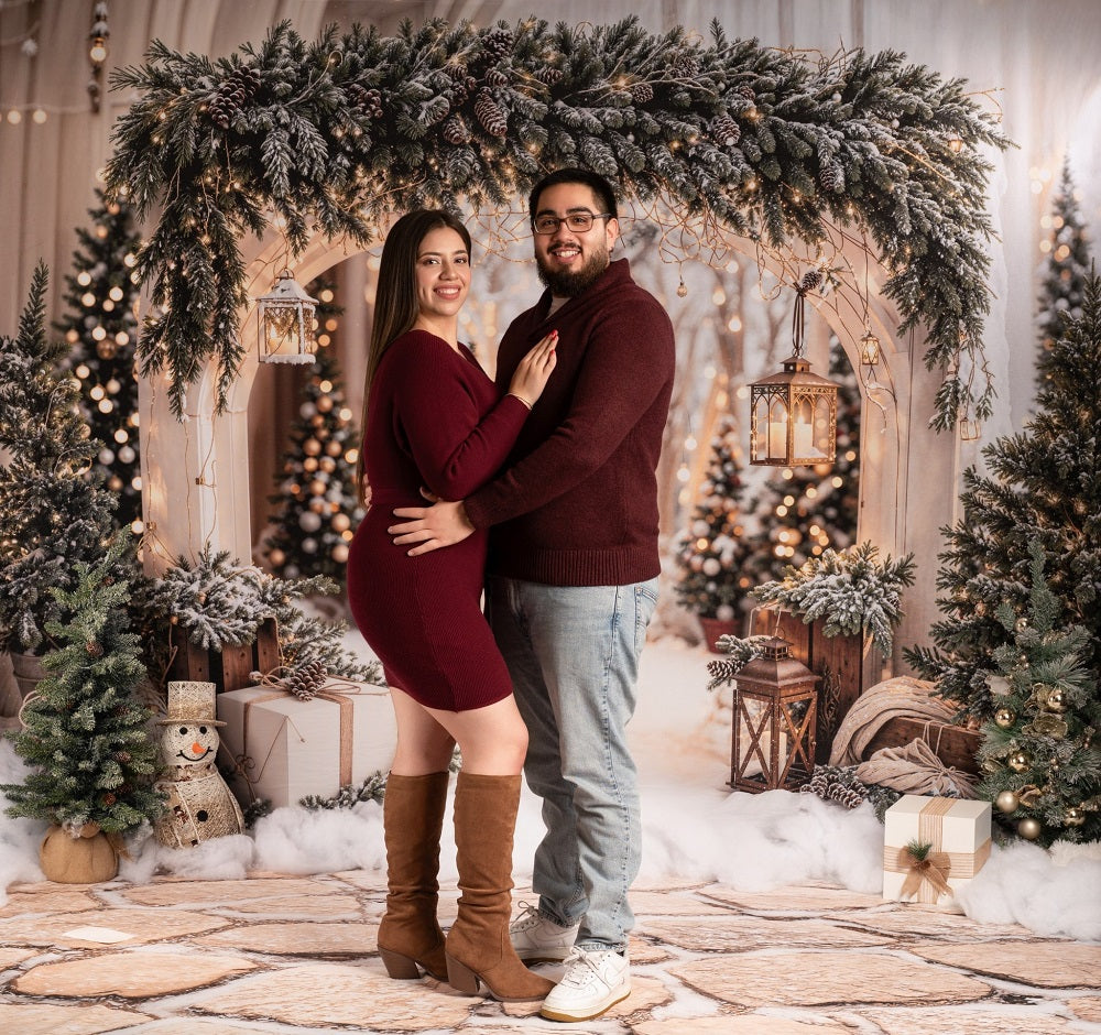 Kate Christmas Arch Garland Snow Trees Backdrop+Cobblestone Snow Floor Backdrop -UK