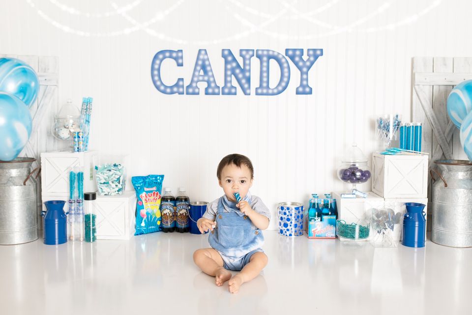 Kate Blue Candy Crush Birthday Children Backdrop Designed By Pine Park Collection