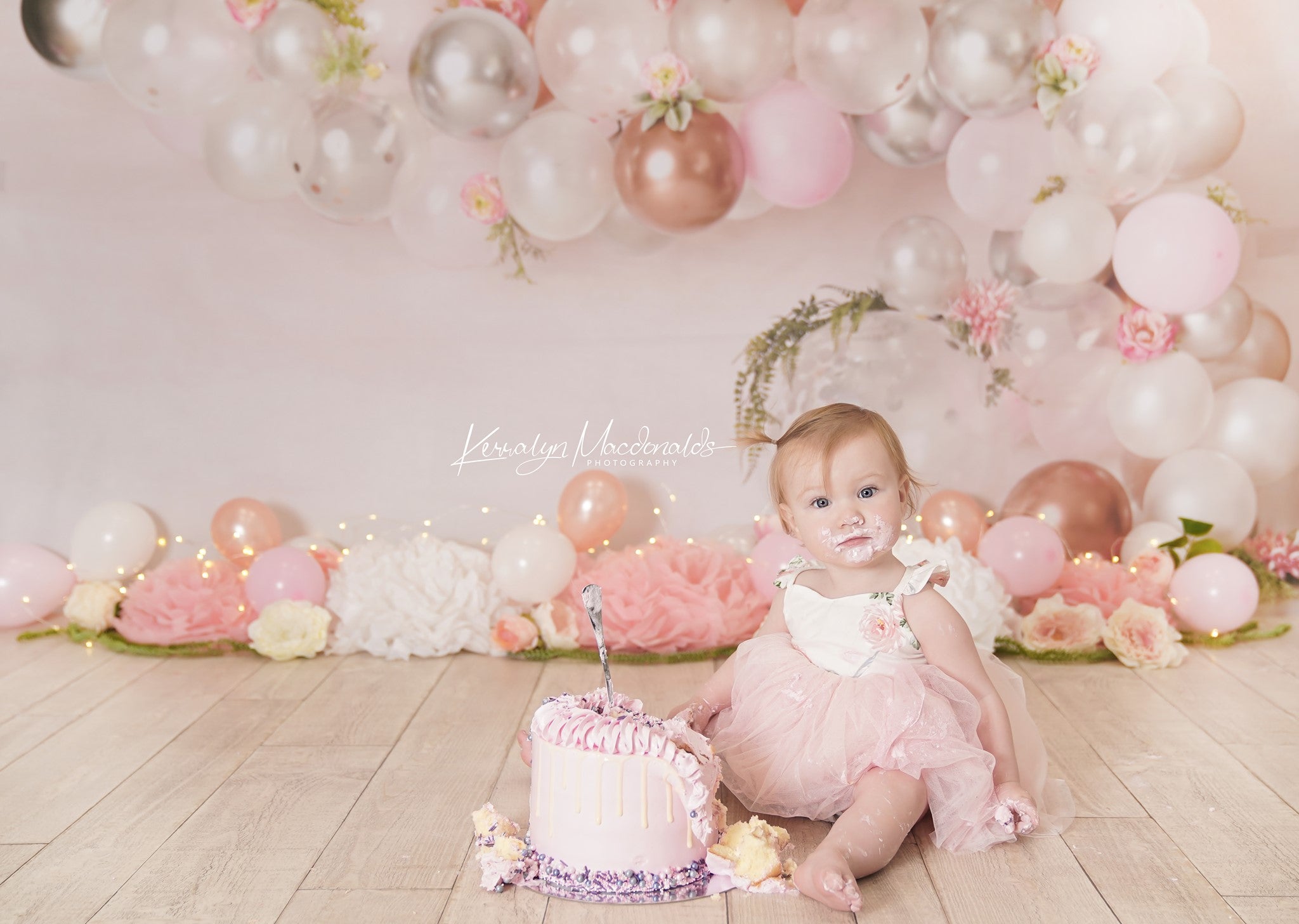 Kate Pink White Rose Gold Balloon Arch Backdrop Designed by Mandy Ringe Photography -UK