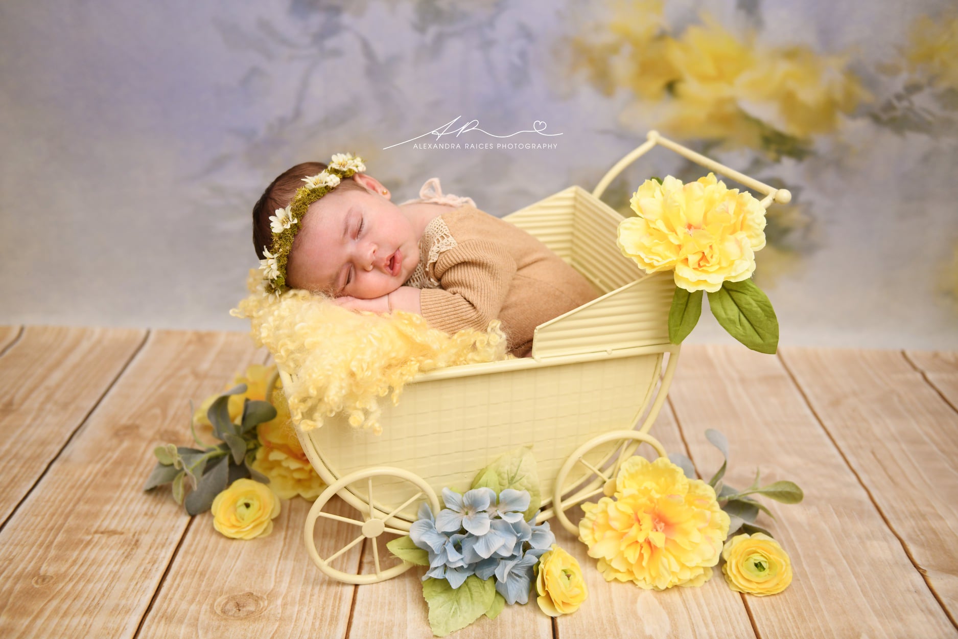 Kate Spring Floral Backdrop with wood floor part (fabric) Designed by Chain Photography -UK