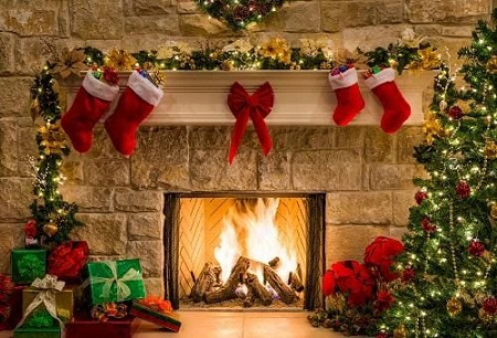 Christmas Red Socks with Fireplace Backdrop