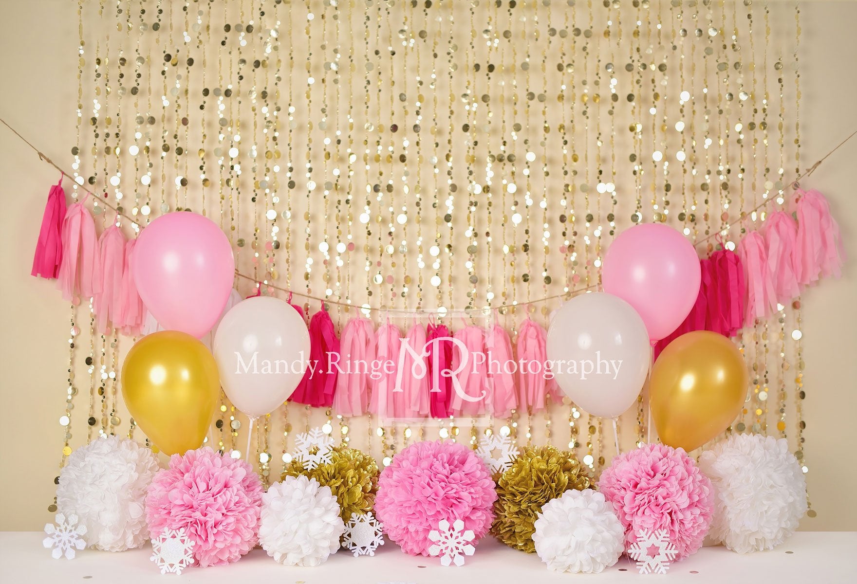 Kate Pink and Gold Winter Birthday Backdrop for Photography Designed by Mandy Ringe Photography