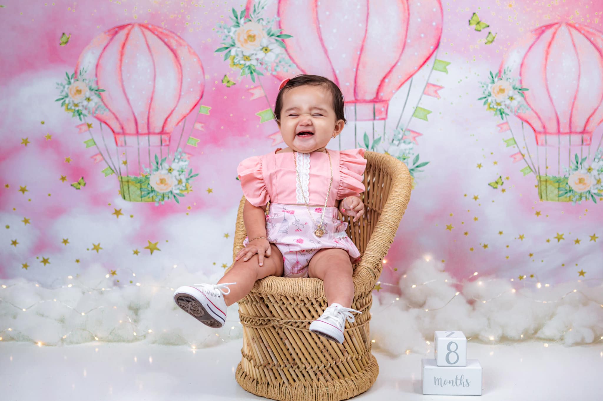 Kate Cake Smash Backdrop Stars Pink Clouds Hot Air Balloons Designed By JS Photography