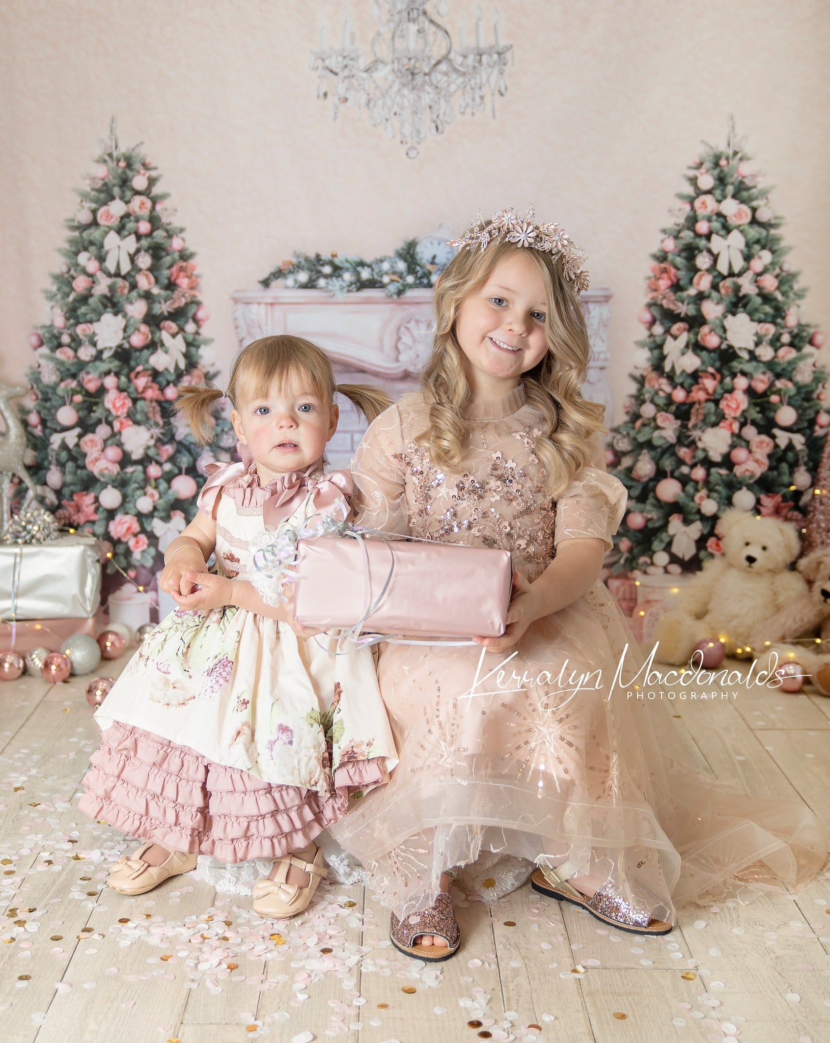 Kate Christmas Trees Backdrop Fireplace Pink Wall for Photography