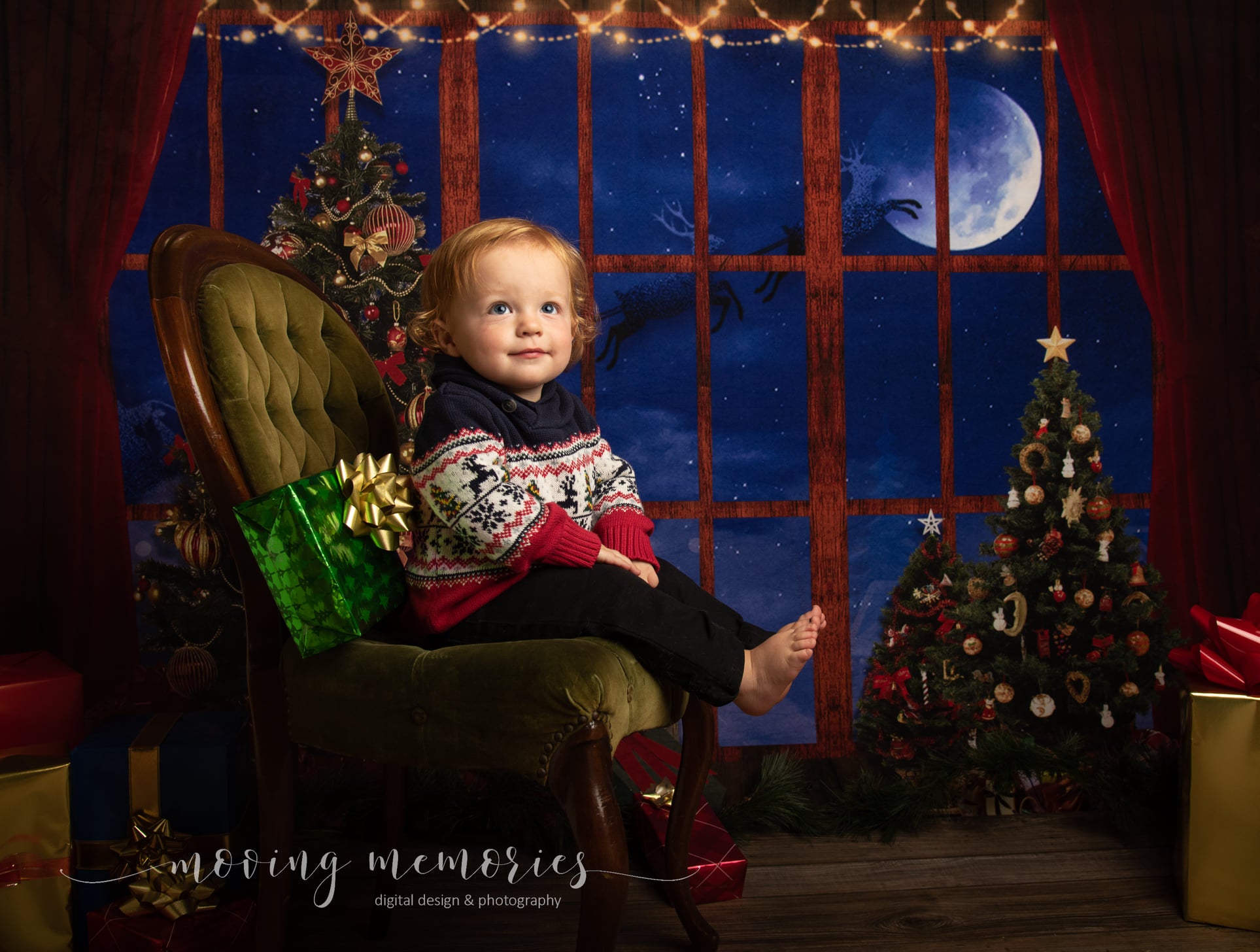 Kate Christmas Trees Window Elk Moon Backdrop Designed by Chain Photography