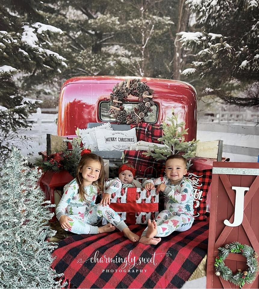 Kate Red Christmas Truck in Snow Backdrop Designed by Mandy Ringe Photography